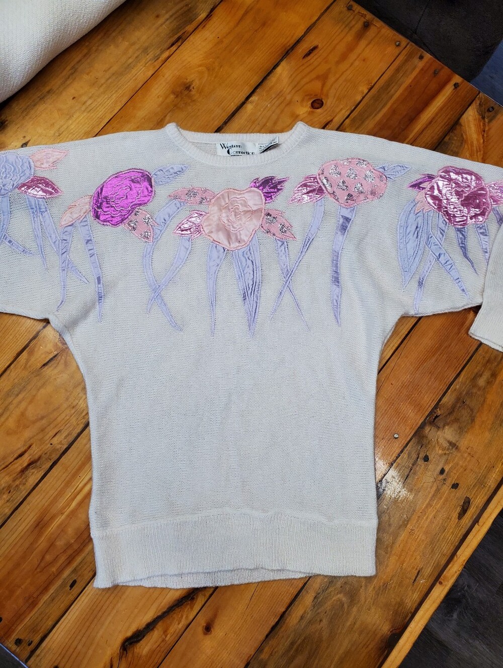Vintage 80s Western Connection Floral Applique Knit Sweater Cream Pink M/L